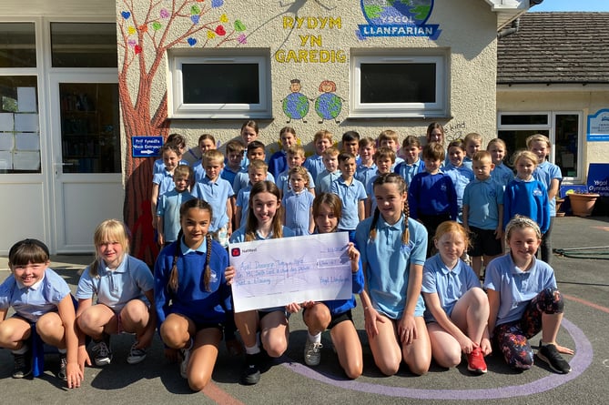 The 37 pupils from Llanfarian Primary School with their donation