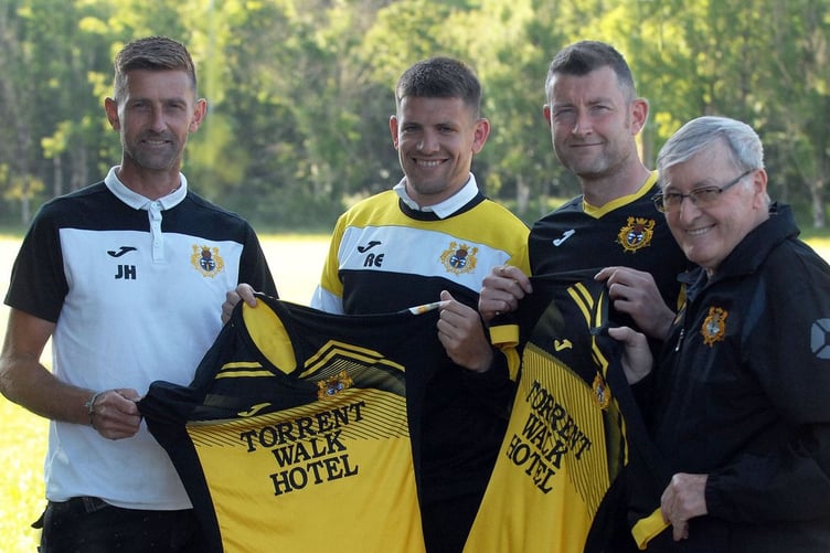Left to right: Jon Harrison, Robert Evans and Darren Andrews with Dolgellau AAFC chairman Barry Jones 2023 New Dolgellau management team