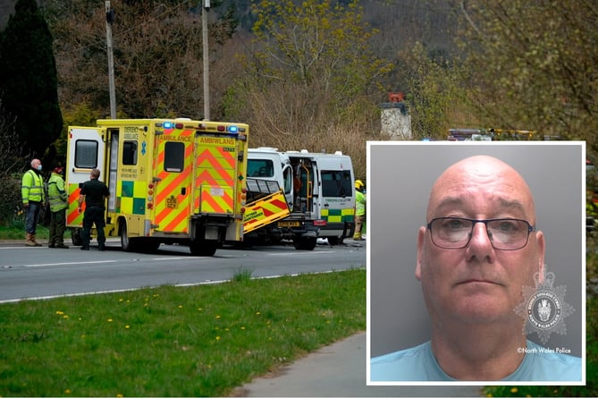 The collision occurred n the A470 between Dolgellau and Llanelltyd and inset, ambulance driver, Emrys Wyn Roberts, who was jailed today