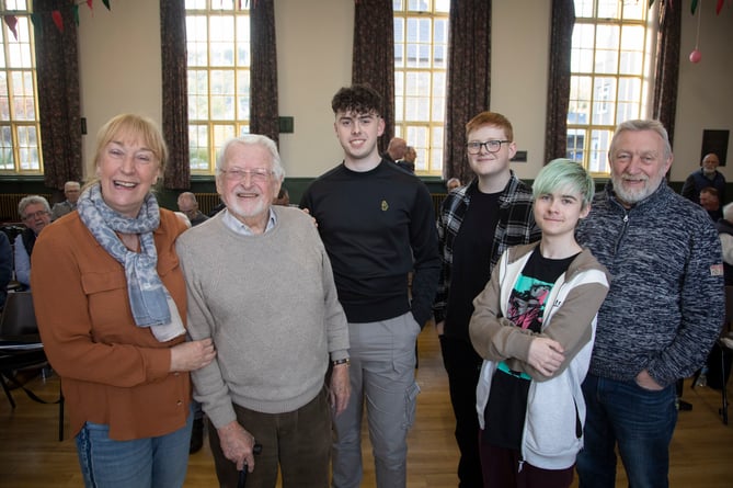 Father of the choir, 93-year-old Ednyfed Williams with Musical Director Ann Atkinson and, from left, choristers Owen Barton Davies, Owain Davies Williams, Ethan Lanceley and Bryn Williams, Choir Chairman.          Picture Mandy Jones