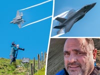 Plane spotter loses his hat as F-35 roars along the Mach Loop