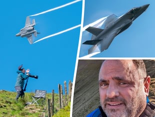 Plane spotter loses his hat as F-35 roars along the Mach Loop
