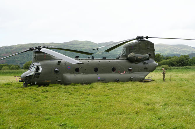 The RAF Chinook in the field at Arthog