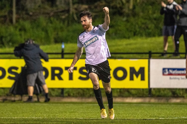 BALA, WALES - 5 MAY 2023 - George Newell celebrates his second goal of the game at the JD Cymru Premier Play Off Semi Final fixture between Bala Town and Newtown at Maes Tegid Stadium, Bala (Pic by Nik Mesney/FAW)