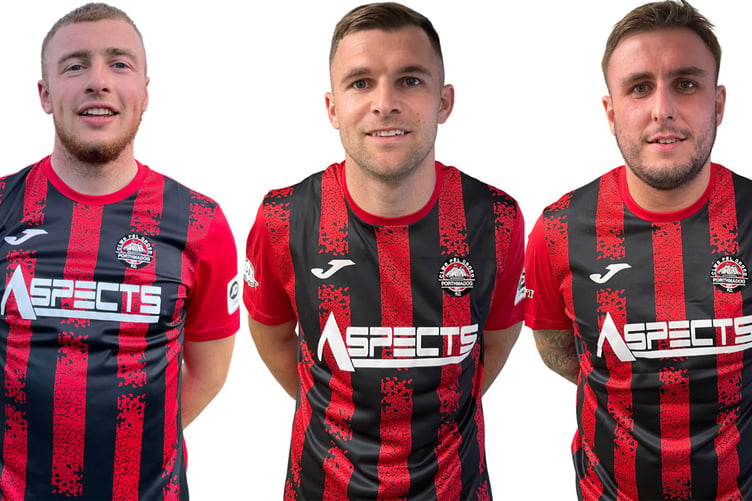 Porthmadog goalscorers Telor Williams, Danny Brookwell and Cai Jones