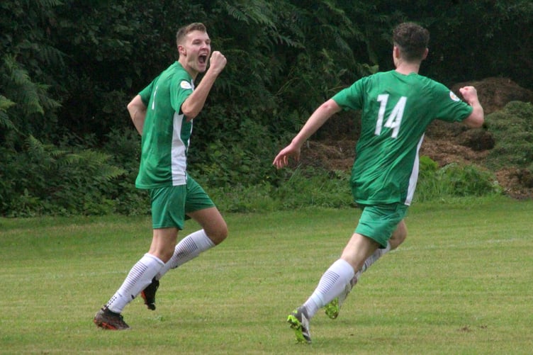 Lewis Morris celebrates after netting a late equaliser for Radnor Valley against visitors Llanuwchllyn
