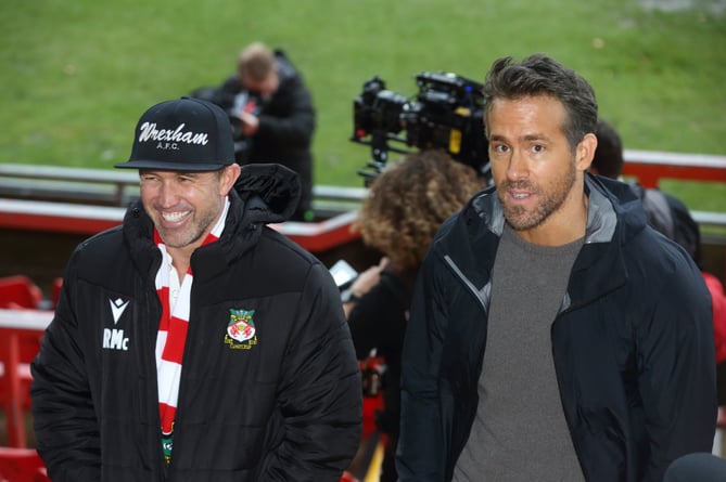 Wrexham A.F.C co-owners Ryan Reynolds and Rob McElhenny address the media at the Racecourse Ground. Wrexham. October 28 2021. 