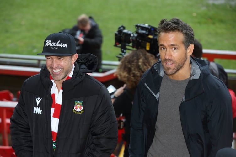 Wrexham A.F.C co-owners Ryan Reynolds and Rob McElhenny address the media at the Racecourse Ground. Wrexham. October 28 2021.