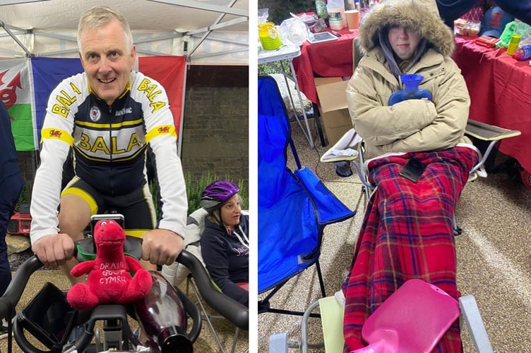 Garage owner Geraint Roberts doing a nighttime run helping the team get to Paris. Above right: One of the organising team, Lois Jones, settles down for a long night