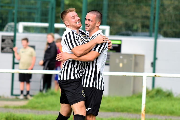 Ifan Burrell congratulates two-goal Ben Davies, Bow Street 3 Llanuwchllyn 3 ardal north east 230923