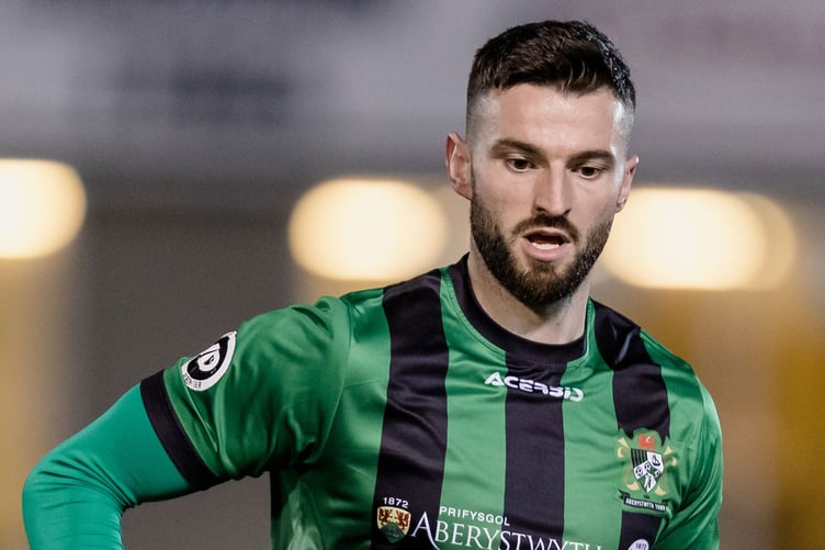 ABERYSTWYTH, WALES - 14 OCTOBER 2022:  Aberystwyth Town's John Owen during the JD Cymru Premier league fixture between Aberystwyth Town F.C & Haverfordwest County A.F.C, at Park Avenue Stadium, October 14th, 2022, Aberystwyth, Wales. (Pic By John Smith/FAW)