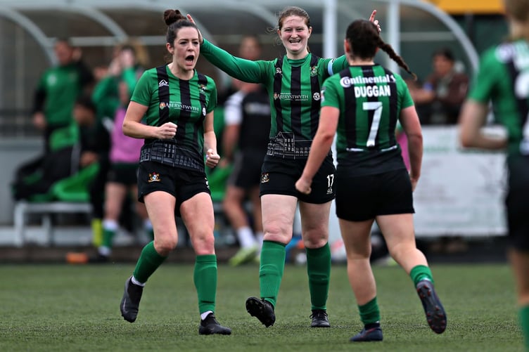 ABERYSTWYTH, CEREDIGION, WALES - 1st OCTOBER 2023 - Aberystwyth's Niamh Duggan celebrates her goal during Aberystwyth Town Women vs Pontypridd United Women in Round 3 of the Genero Adran Premier at Park Avenue, Aberystwyth (Pic by Sam Eaden/FAW)