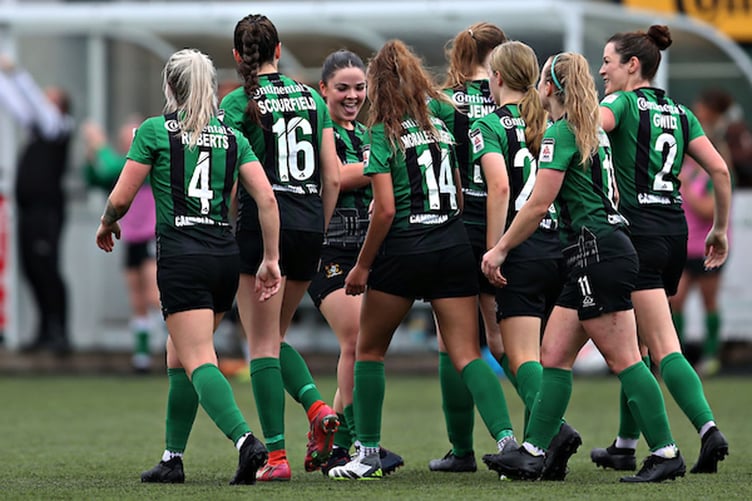 ABERYSTWYTH, CEREDIGION, WALES - 1st OCTOBER 2023 - Aberystwyth celebrate their first goal during Aberystwyth Town Women vs Pontypridd United Women in Round 3 of the Genero Adran Premier at Park Avenue, Aberystwyth (Pic by Sam Eaden/FAW)