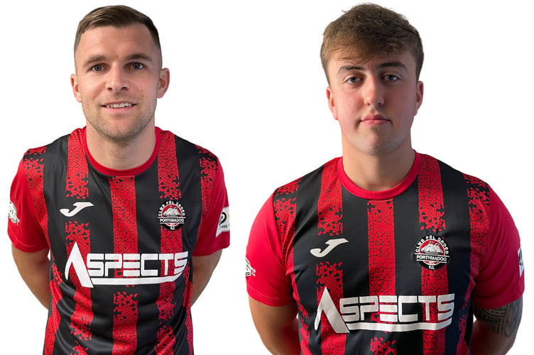 Port goalscorer Danny Brookwell (left) and Gruff Elllis, the club player of the month for September sponsored by Teledu Port