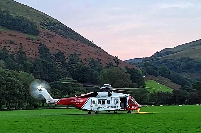 The coastguard helicopter at the foot of Cader