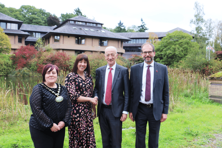 Emma Palmer is welcomed into post by Interim Chief Executive Jack Straw. Also pictured (L to R) Cllr Beverly Baynham and Cllr James Gibson-Watt.   