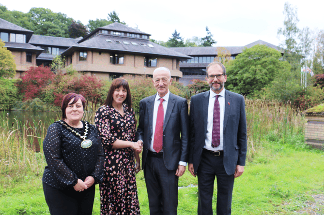 Emma Palmer is welcomed into post by Interim Chief Executive Jack Straw. Also pictured (L to R) Cllr Beverly Baynham and Cllr James Gibson-Watt.   