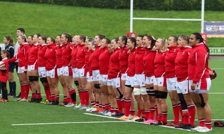 Wales Women  sing the national anthem before their game against the USA