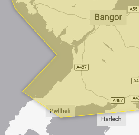 The Met Office has issued a yellow weather warning for rain for parts of Gwynedd