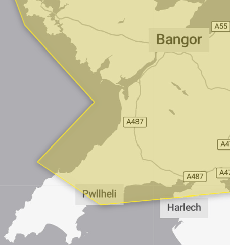 The Met Office has issued a yellow weather warning for rain for parts of Gwynedd