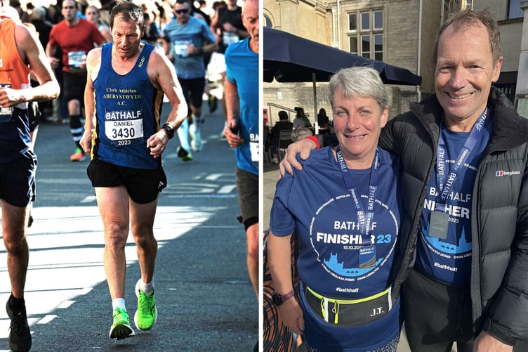 Daniel Thorogood at the Bath half marathon; right, Daniel with wife Jane