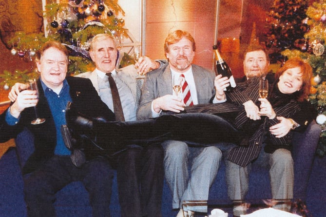 On the set of a Christmas special, with Welsh rugby greats Delme Thomas, Derek Quinnell and Ray Gravell, and Caryl Parry Jones