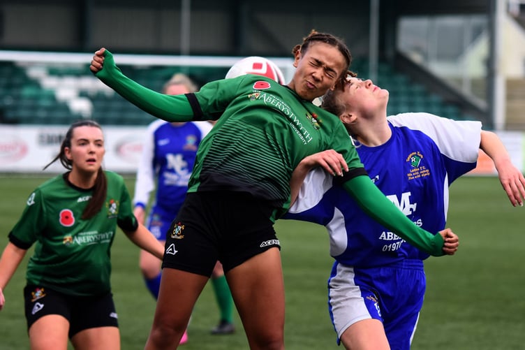 An aerial challenge during Tregaron’s win against Aberystwyth Development