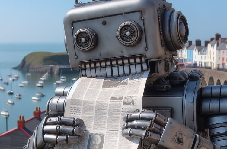 Robot eating newspaper with harbour resembling Tenby in the background
