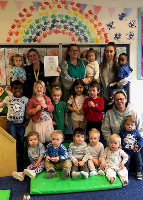 Staff and children at Meithrinfa Camau Bach in Aberystwyth