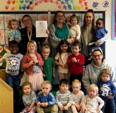 Staff and children at Meithrinfa Camau Bach in Aberystwyth