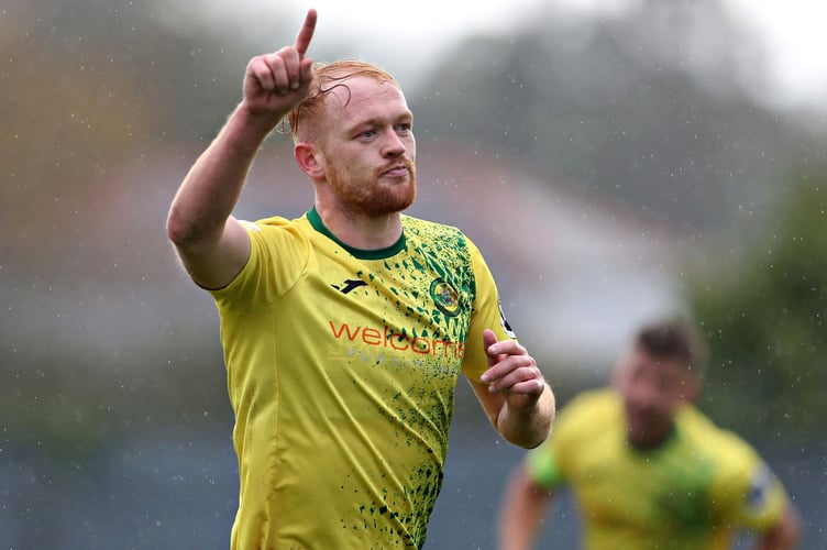 CAERNARFON, GWYNEDD, WALES - 21st OCTOBER 2023 - Caernarfon's Sion Bradley celebrates scoring his second during Caernarfon Town vs Cardiff Metropolitan University FC in Round 13 of the JD Cymru Premier at The Oval, Caernarfon (Pic by Sam Eaden/FAW)