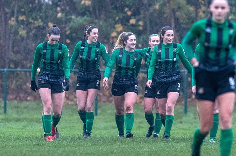 CONNAH'S QUAY, WALES - 3 DECEMBER 2023: Aberystwyth Town's Gwenllian Jones celebrates her second goal during the Genero Adran Trophy fixture between Connah's Quay Nomads Women and Aberystwyth Town Women at the Deeside Stadium, Connah's Quay. 3rd of December, Flint, Wales (Pic by Nik Mesney/FAW)