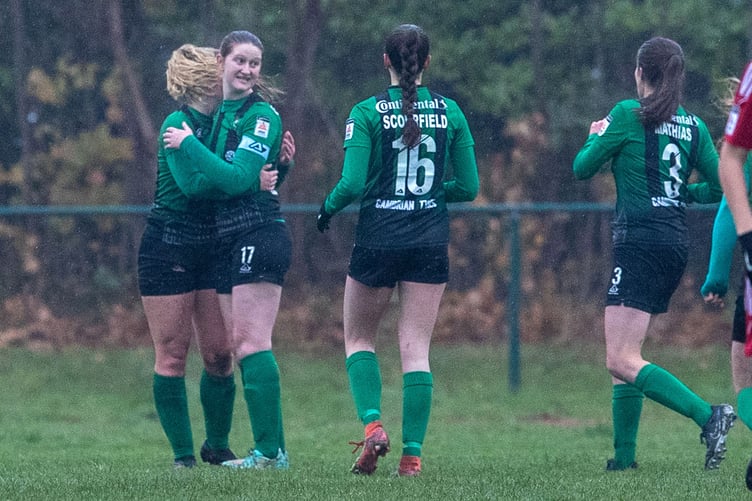 CONNAH'S QUAY, WALES - 3 DECEMBER 2023: Aberystwyth Town's Gwenllian Jones celebrates her second goal during the Genero Adran Trophy fixture between Connah's Quay Nomads Women and Aberystwyth Town Women at the Deeside Stadium, Connah's Quay. 3rd of December, Flint, Wales (Pic by Nik Mesney/FAW)