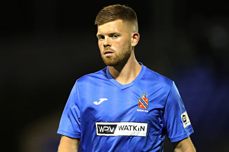 BANGOR, GWYNEDD, WALES - 29th SEPTEMBER 2023 - Bangor's Corrig Mcgonigle during CPD Bangor 1876 vs Gresford Athletic in Round 9 of the JD Cymru Premier at Nantporth Stadium, Bangor (Pic by Sam Eaden/FAW)