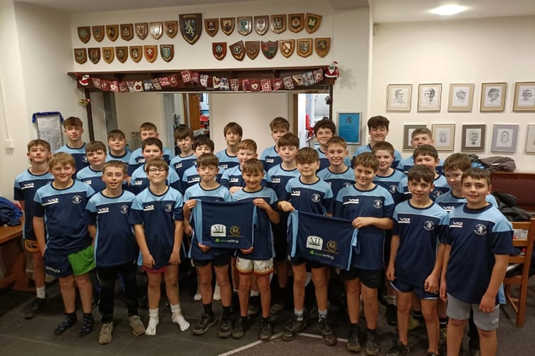 Aberystwyth U13s wearing their new off-field shirts sponsored by Aber Letting, Paul Donnelly Event Services, and Nigel Howells Consultancy