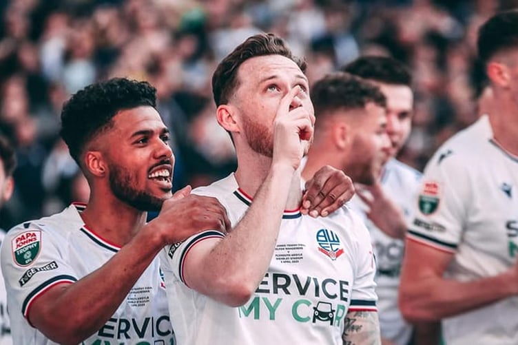 Gethin Jones looks to the sky after scoring for Bolton at Wembley in a rampant 4-0 win against Plymouth Argyle in the Papa John’s EFL Trophy final last year. He dedicated the goal to the memory of his late mum Karen, who passed away after battling motor neurone disease