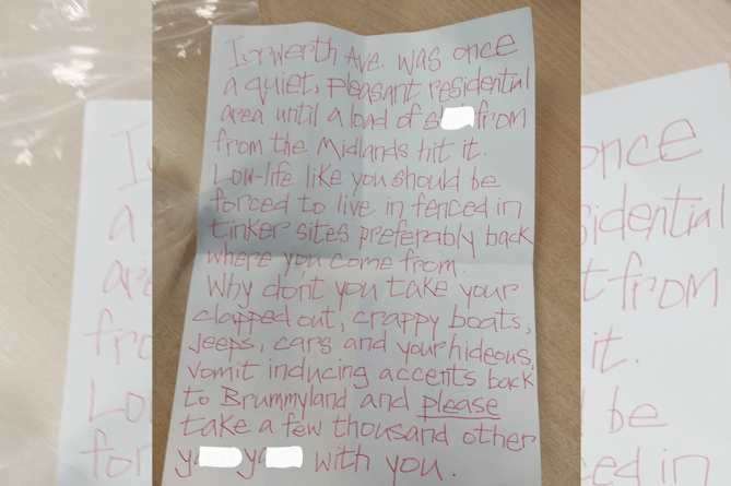 The hate letter recieved on Monday night
