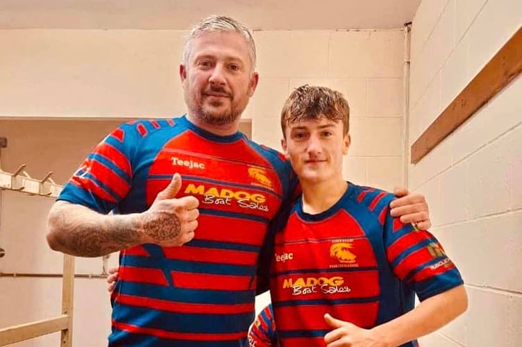 Father and son Kelvin and Wayne Humphreys  in their first match together for Porthmadog
