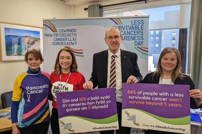 Brain Tumour Charity patient advocate Annabel Jones, Pancreatic Cancer UK patient advocate, Dawn Clayton and Lowri Griffiths from Tenovus Cancer Care with Llyr Gruffydd MS