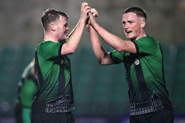 ABERYSTWYTH, CEREDIGION, WALES - 2nd FEBRUARY 2024 - Aberystwyth's Jack Thorn and Iwan Lewis celebrate after Aberystwyth Town vs Haverfordwest County in Round 23 of the JD Cymru Premier Phase 2 Playoff Conference at Park Avenue, Aberystwyth (Pic by Sam Eaden/FAW)