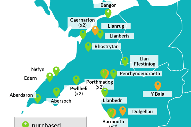 Map of Cyngor Gwynedd's Buy to Let property locations
