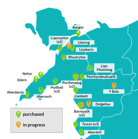 Map of Cyngor Gwynedd's Buy to Let property locations