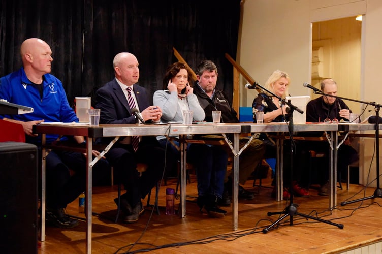 Coed y Brenin, Centre Public Meeting Held at Ganllwyd Hall.     
The panel at the meeting 
from L to R Rhys Llywelyn Ganllwyd Local, Mabon ap Gwynfor, Elsi Grace N.R.W., Dylan Williams N.R.W., Delyth Edwards chair person of the meeting  and Chris Dixson chairman of Ganllwyd Comunity Council.
{PIcture Erfyl Lloyd Davies Photography 