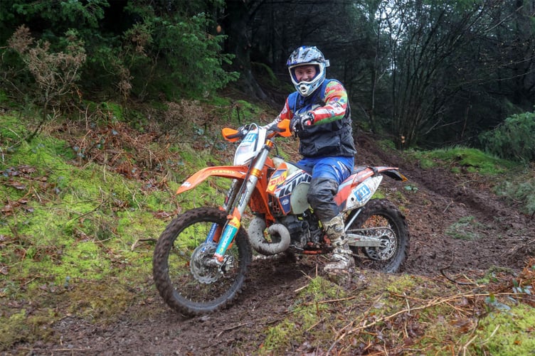 Barry Thomas from Coedybryn on his KTM 250 heads through the Crychan forest
