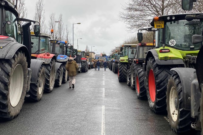 Tractors lined both sides of the road by the Welsh Government office