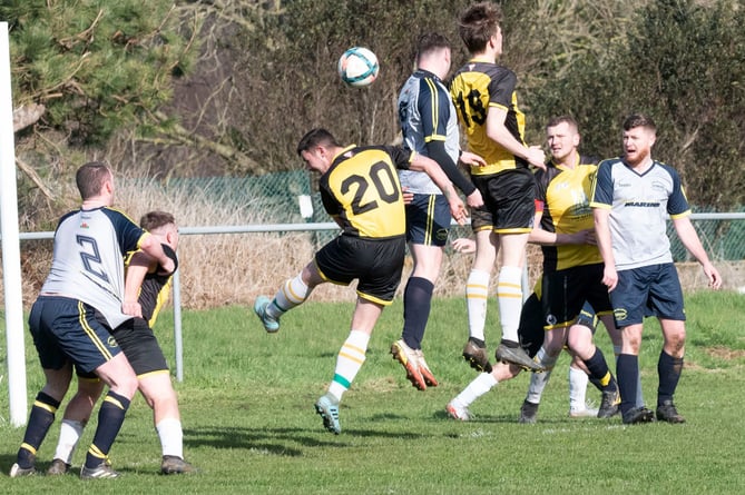 Goalmouth action from Llanystumdwy’s 3-1 win at Llangoed & District on Saturday