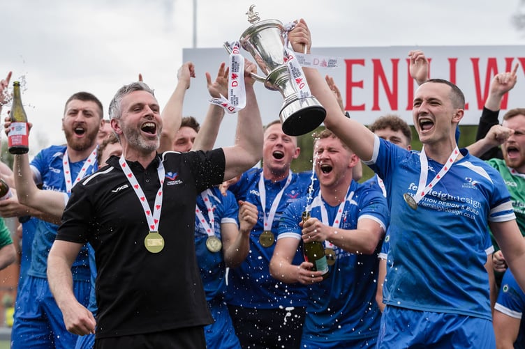 NEWTOWN, WALES - 29 APRIL 2023: Trethomas win the game 2-1 and celebrating winning the 2022/23 FAW Amateur Trophy Final fixture between Denbigh Town FC & Trethomas Bluebirds AFC at Latham Park, Newtown, Wales, 29 April 2023. (Pic by John Smith/FAW)