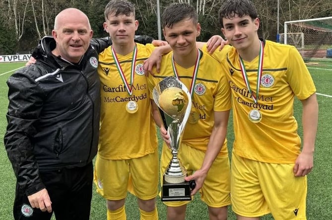 Welsh Schools Under 18s manager Marc Lloyd Williams with Morgan Davies, Osian Evans and Harry Hughes