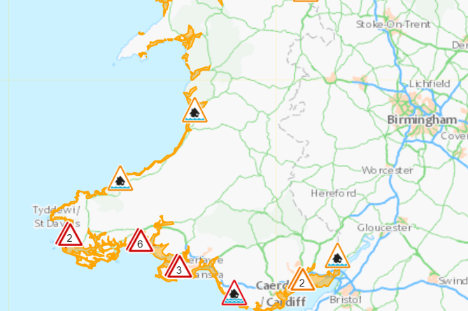 Flood alerts and warnings are in effect across most of the Welsh coastline