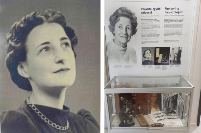Professor Rees (left) and the display about her in the building that bears her name